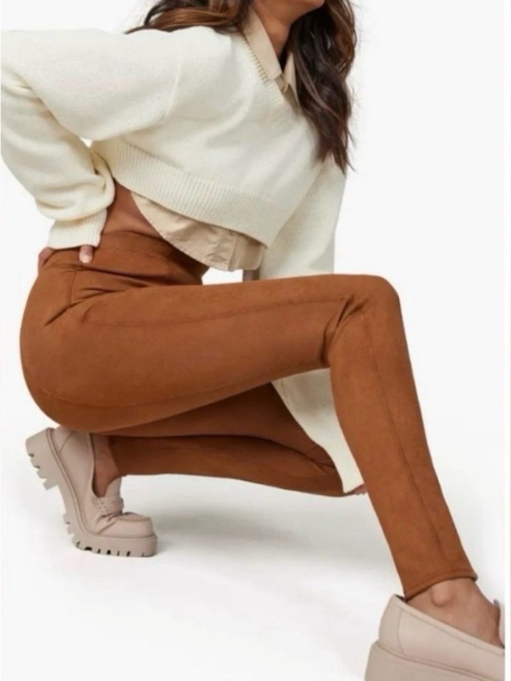 SPANX High-Rise Faux-Suede Skinny Leggings in Chestnut Brown